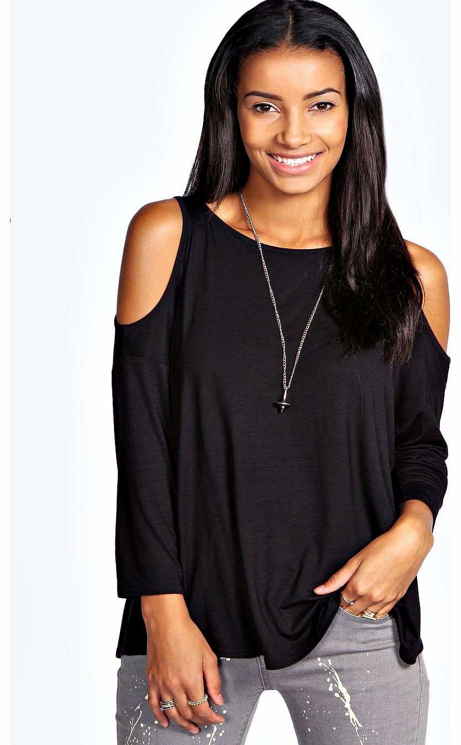 Charlotte Cut Out Shoulder Top - black azz17878