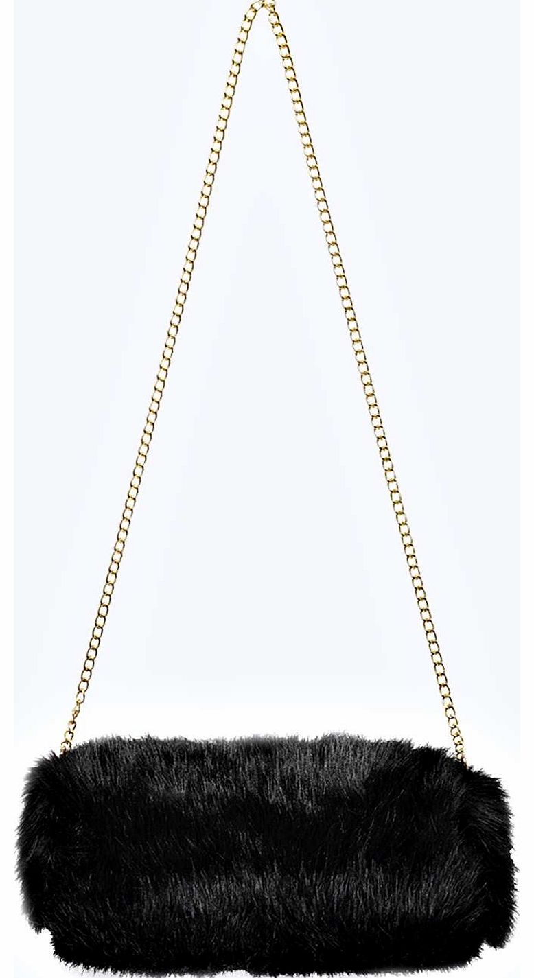 boohoo Cher Chain Strap Faux Fur Bag - black azz16045