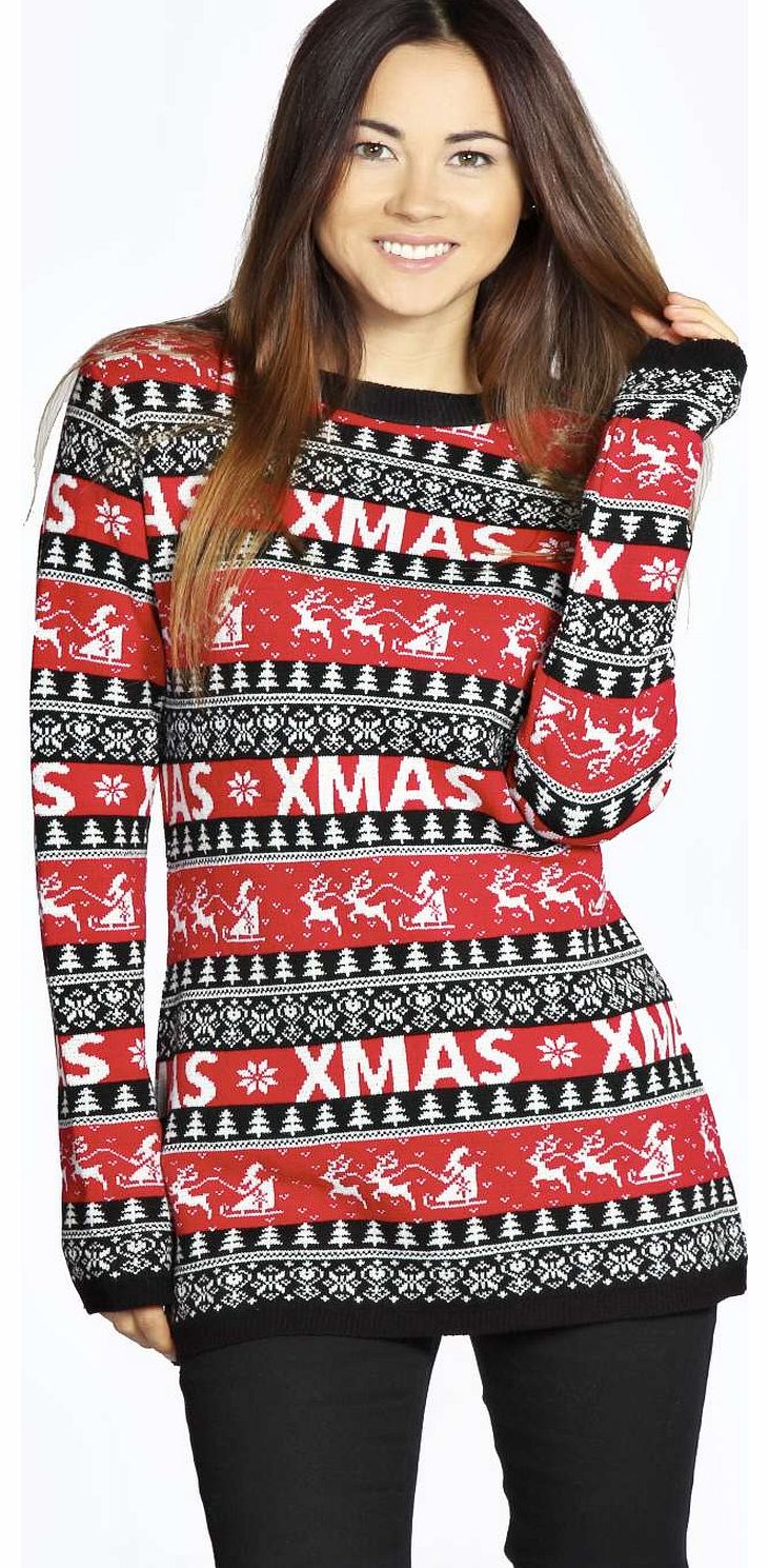 boohoo Cheryl Christmas Reindeers Tunic Jumper - black