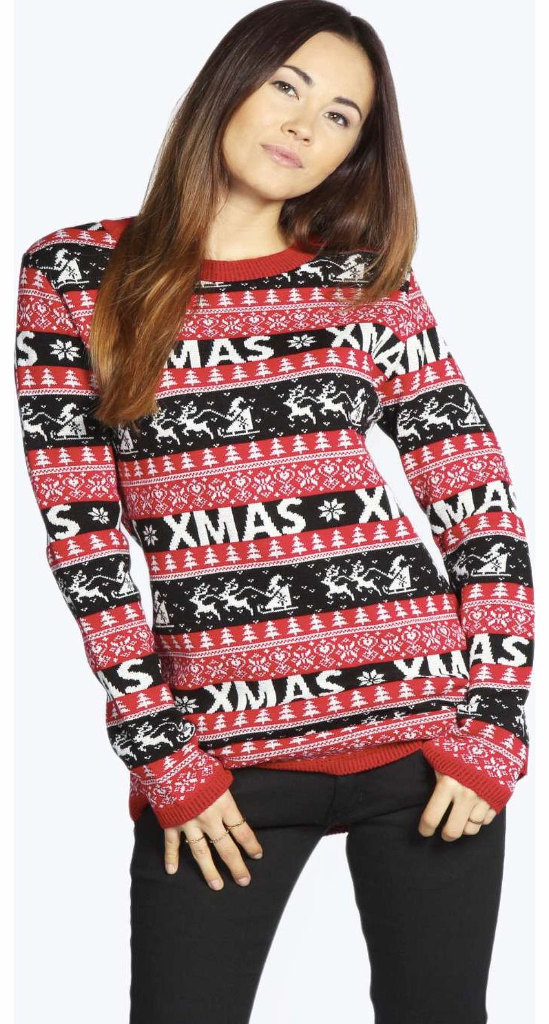 boohoo Cheryl Christmas Reindeers Tunic Jumper - red