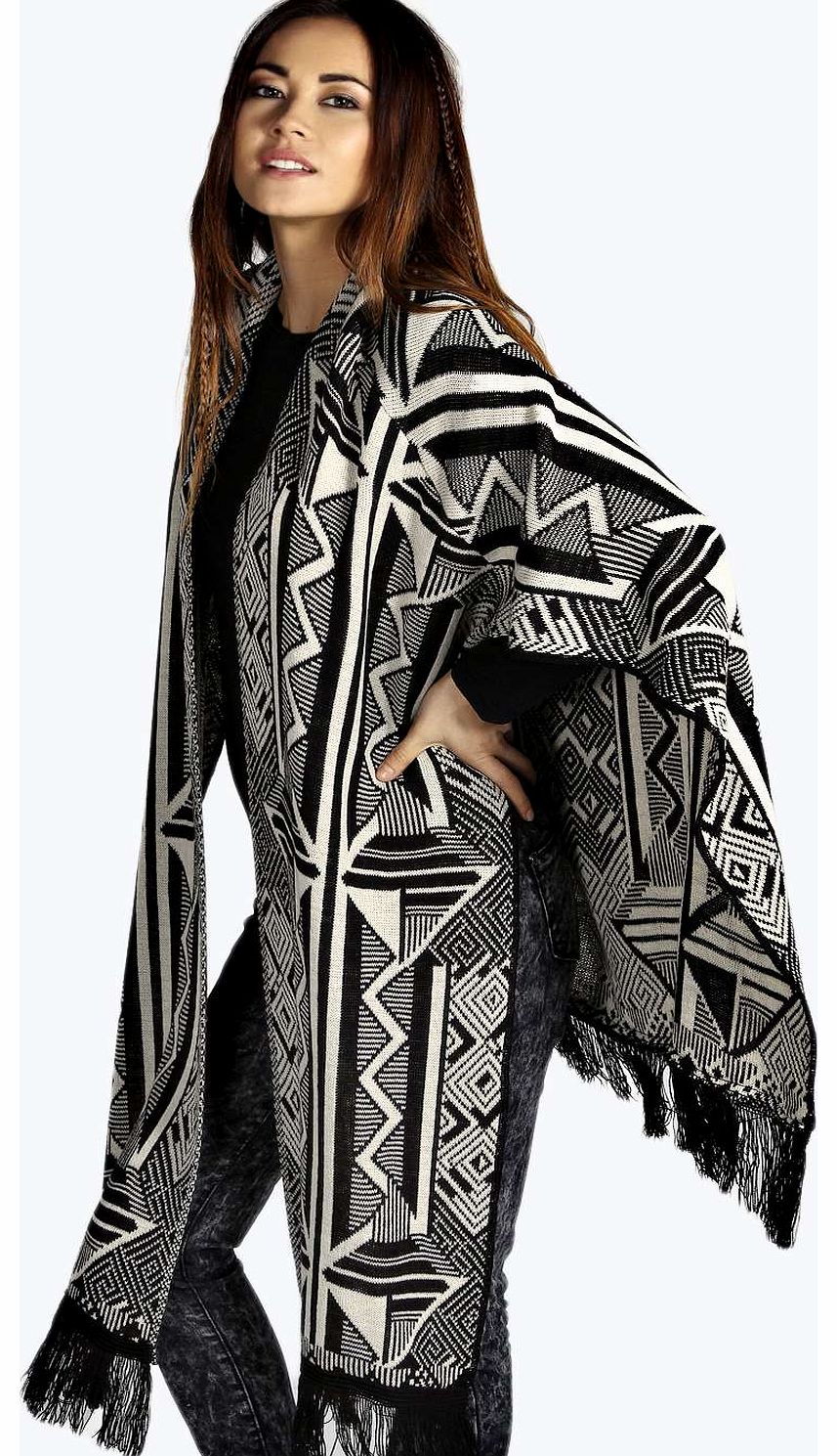 Chloe Aztec Print Tassel Cape Cardigan - black