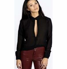 boohoo Collared Deep Plunge Long Sleeve Blouse - black