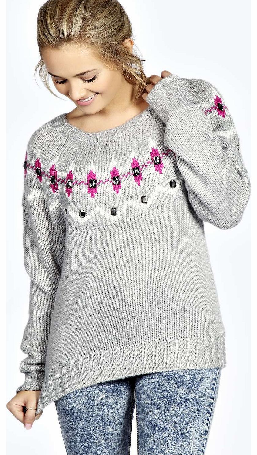 Cora Embellished Neck Line Jumper - grey azz14060