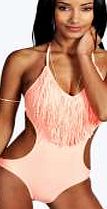 boohoo Coral Fringe Cut Out Swimsuit - coral azz06898