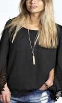 boohoo Crochet Trim Kimono Sleeve Blouse - black azz16359
