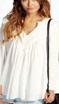 boohoo Crochet Trim Long Sleeve Swing Blouse - white