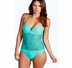 boohoo Cuba Bandeau Cut Front Crochet Swimsuit - green