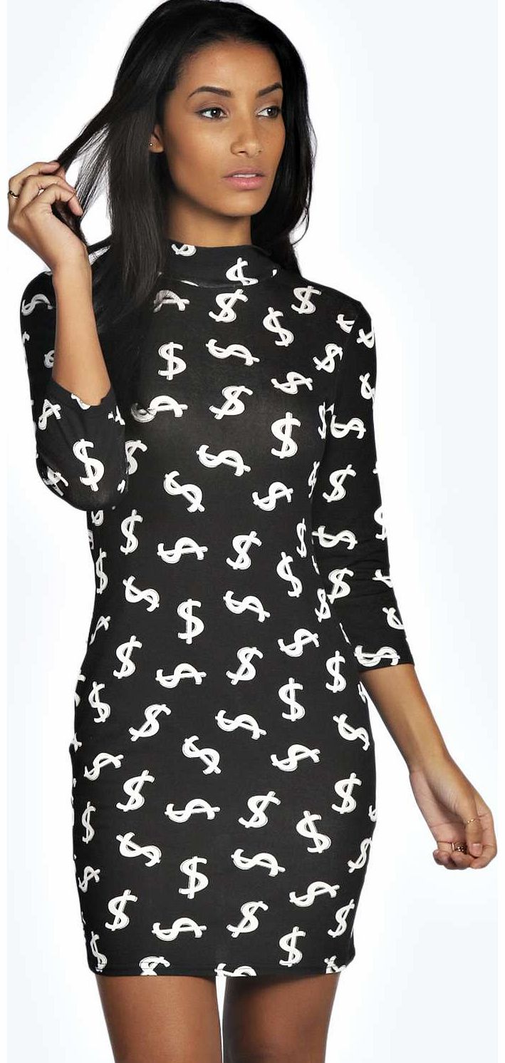 Daisy Dollar Print Turtle Neck Bodycon
