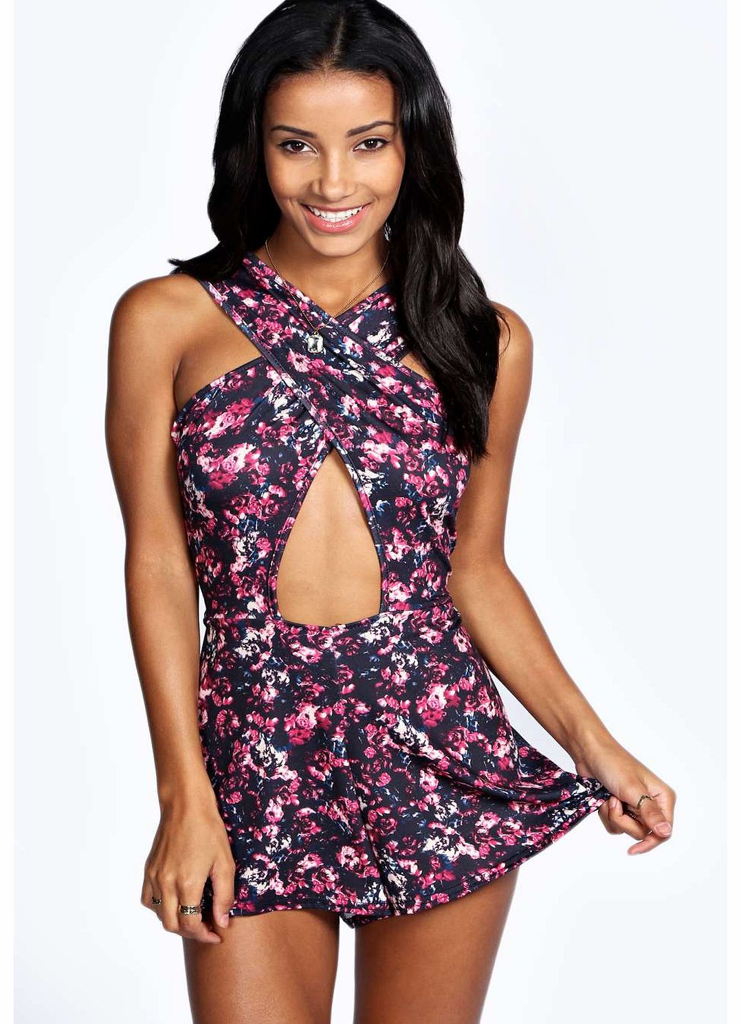 boohoo Danielle Floral Print Cross Front Playsuit -