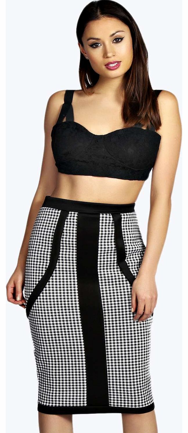 boohoo Danni Dogtooth Panelled Scuba Midi Skirt - black