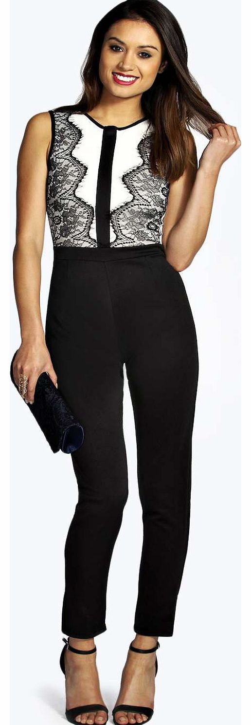 boohoo Darcey Eyelash Lace Panelled Jumpsuit - black