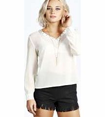 boohoo Deep Plunge Eyelet Sheer Blouse - white azz20434