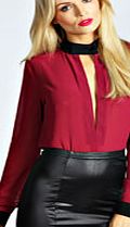 boohoo Deep Plunge Long Sleeve Blouse - berry azz42113