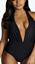 boohoo Deep Plunge Swimsuit - black azz32426