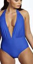 boohoo Deep Plunge Swimsuit - cobalt azz32425
