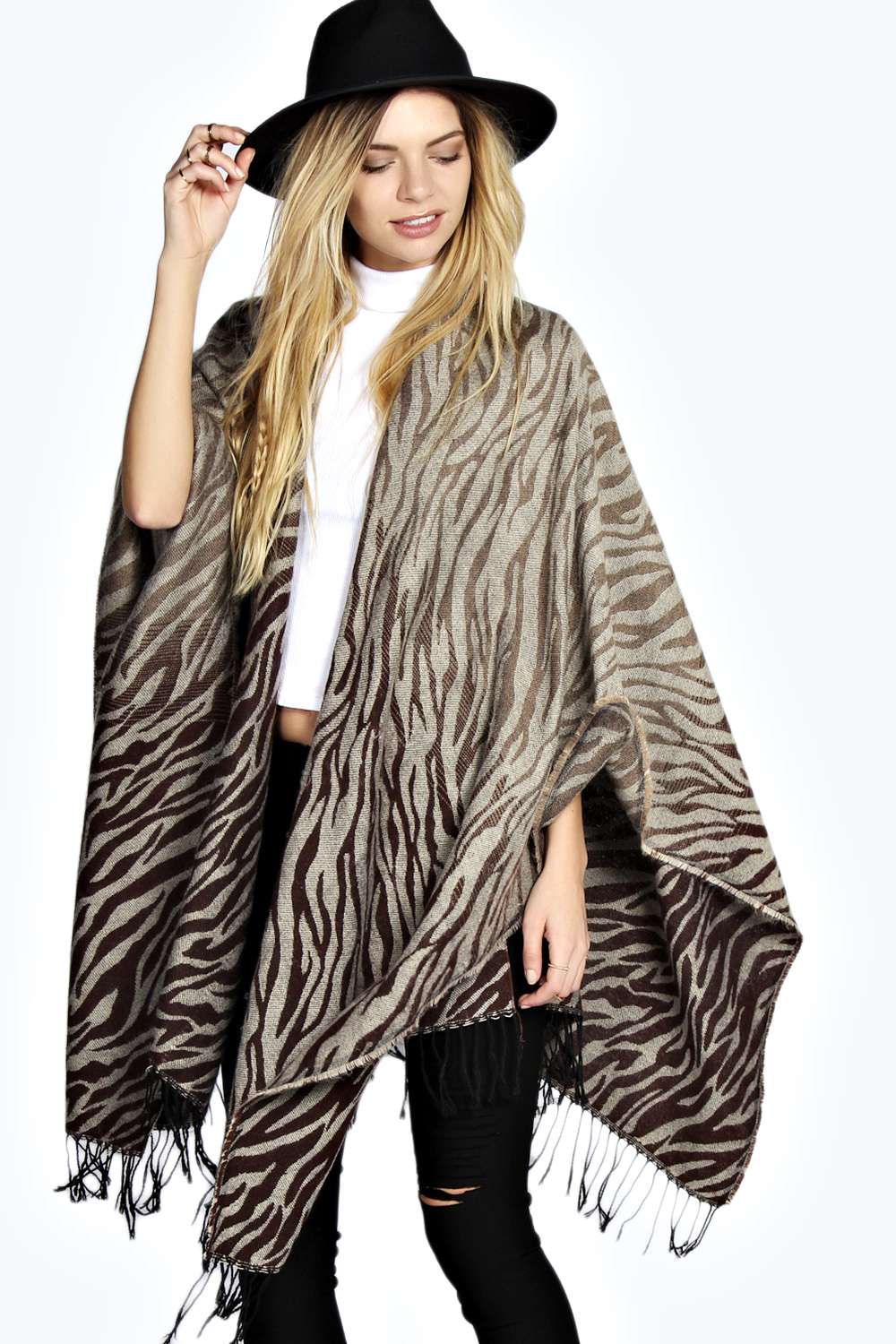 boohoo Delia Zebra Print Blanket Wrap - brown