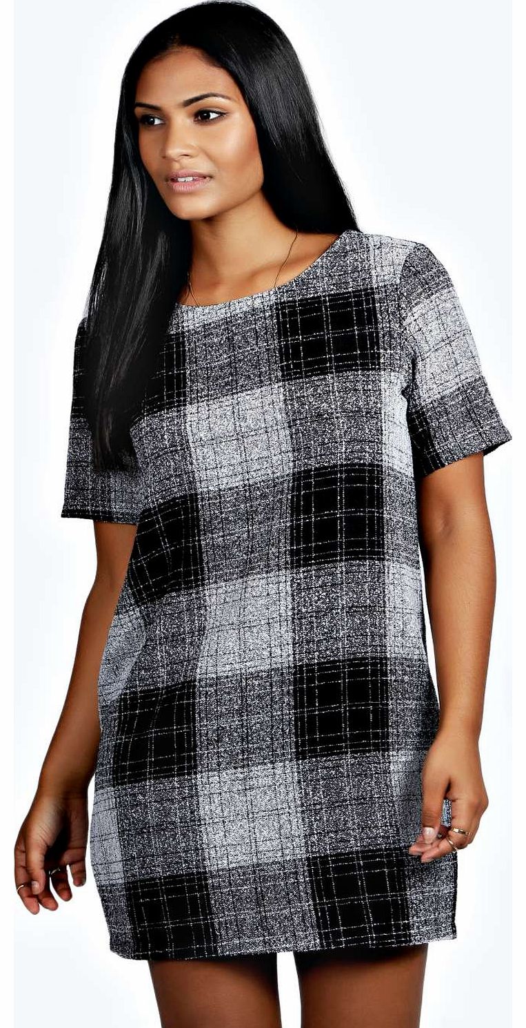 boohoo Dion Boucle Check Cocoon Shift Dress - black