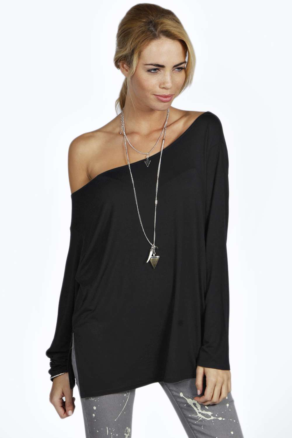 boohoo Dion Long Sleeve Oversized Slash Neck Tee