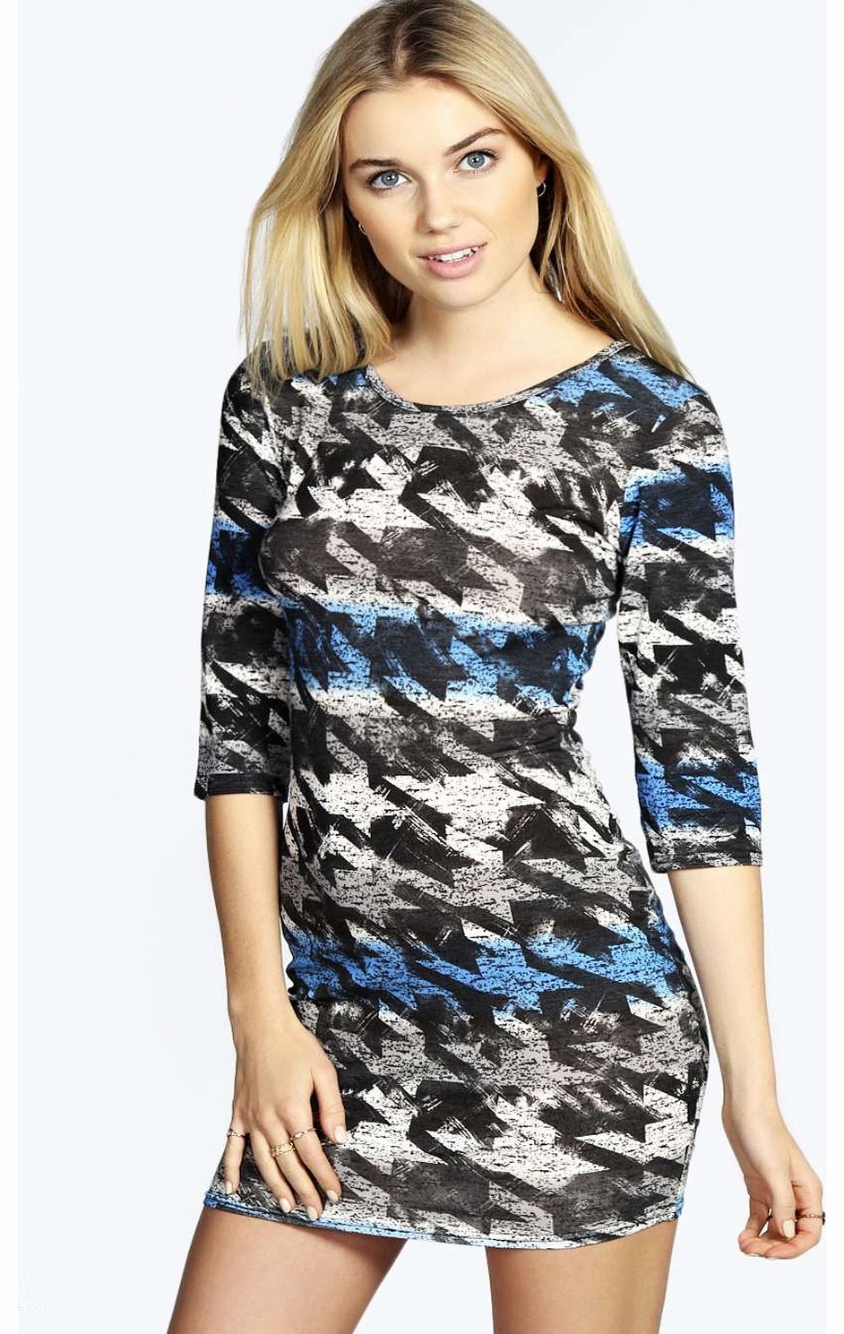 boohoo Dolly Dogtooth Stripe 3/4 Sleeve Bodycon Dress -