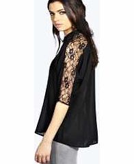 boohoo Edie Lace Panel Batwing Button Woven Shirt -