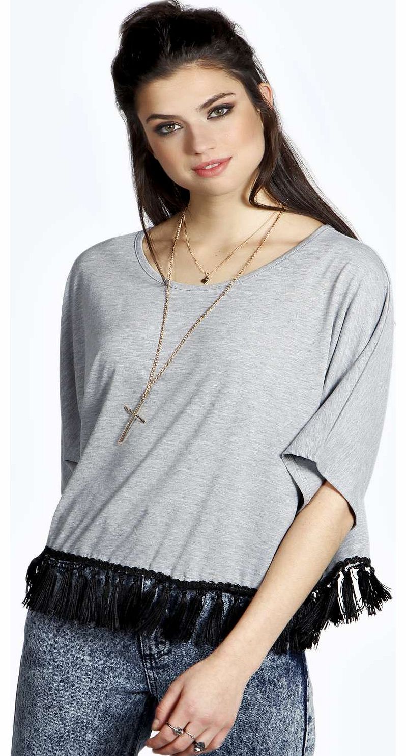 boohoo Eleanor Fringed Hem Oversized Batwing Tee - grey