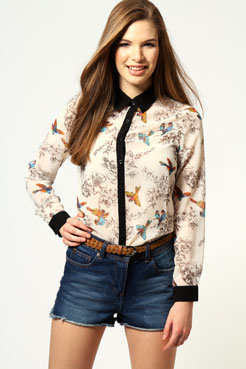Elise Long Sleeve Bird Print Chiffon Blouse Female