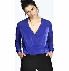 boohoo Eliza Wrap Over Silky Mix Plunge Blouse - cobalt