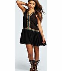 Ella Aztec Multi Colour Trim Smock Dress - black