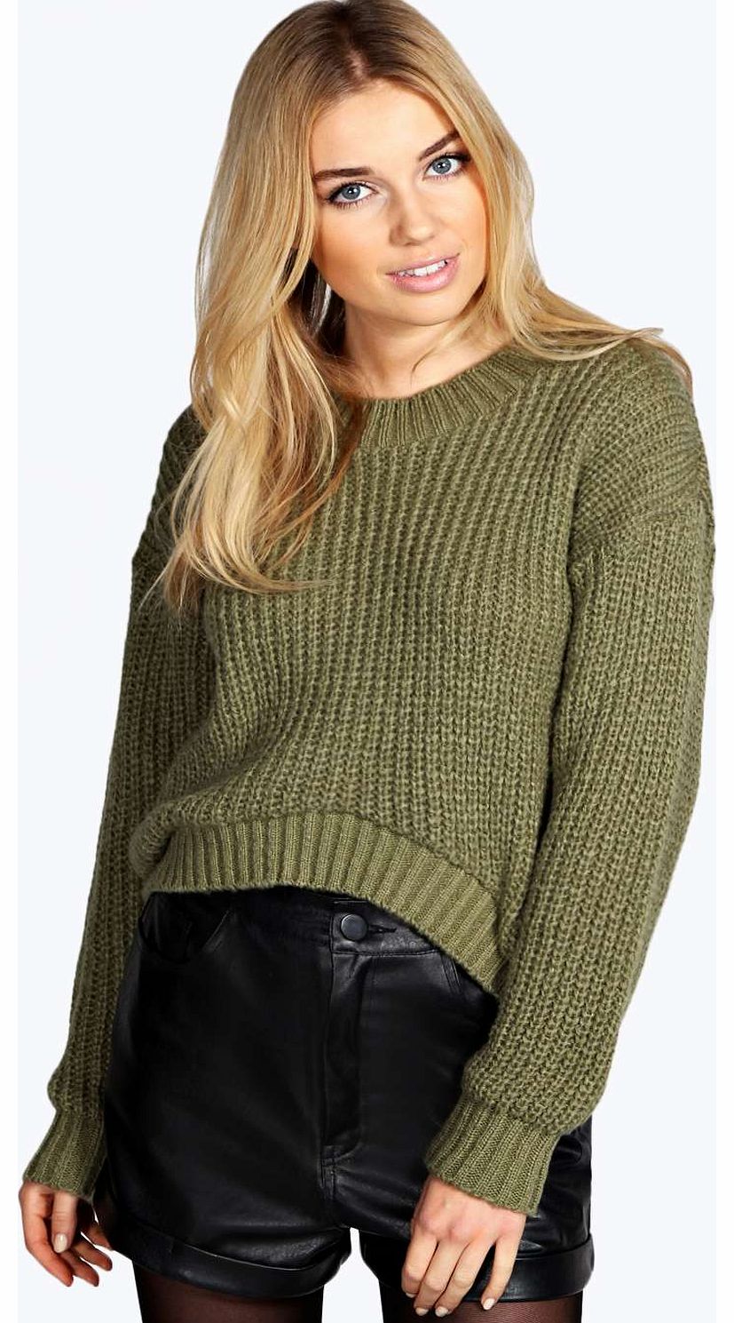 Ella Dip Hem Fisherman Soft Knit Jumper - khaki