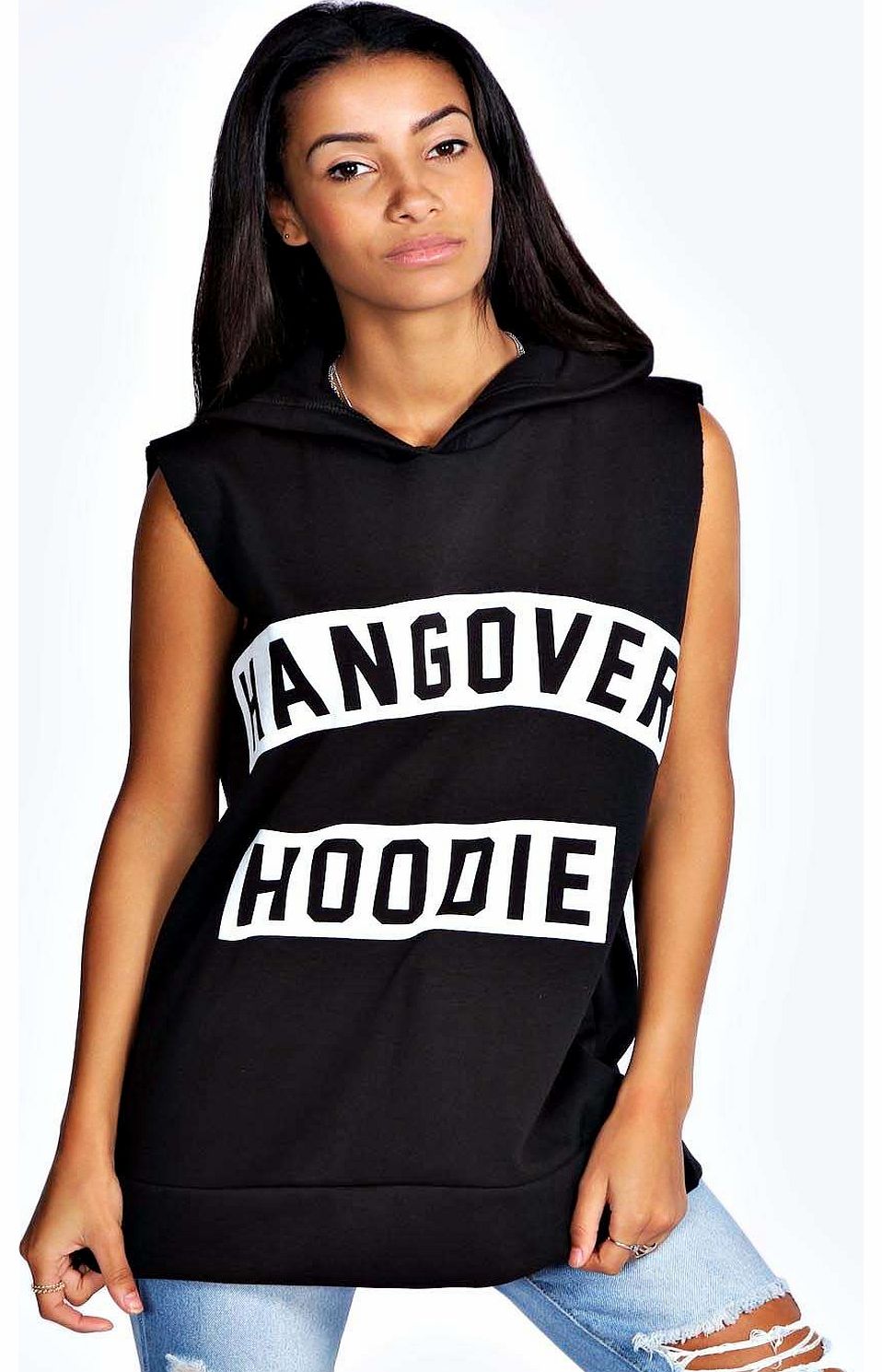 Ella Hangover Slogan Sleeveless Hoodie - black