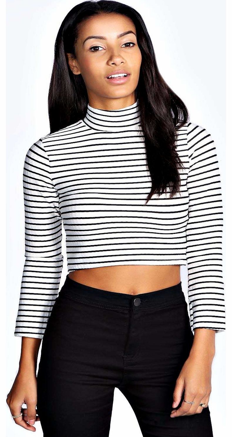 boohoo Ellie Textured Stripe High Neck Top - cream
