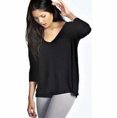 boohoo Eloise V Neck Oversized Longline Tee - black