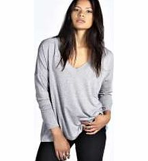 boohoo Eloise V Neck Oversized Longline Tee - grey marl