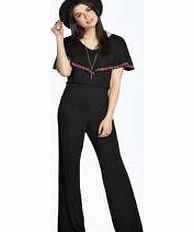 boohoo Embroided Cape Top Wide Leg Jumpsuit - black