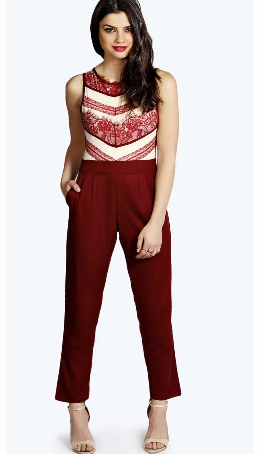 boohoo Emily Eyelash Lace Panel Woven Jumpsuit - wine