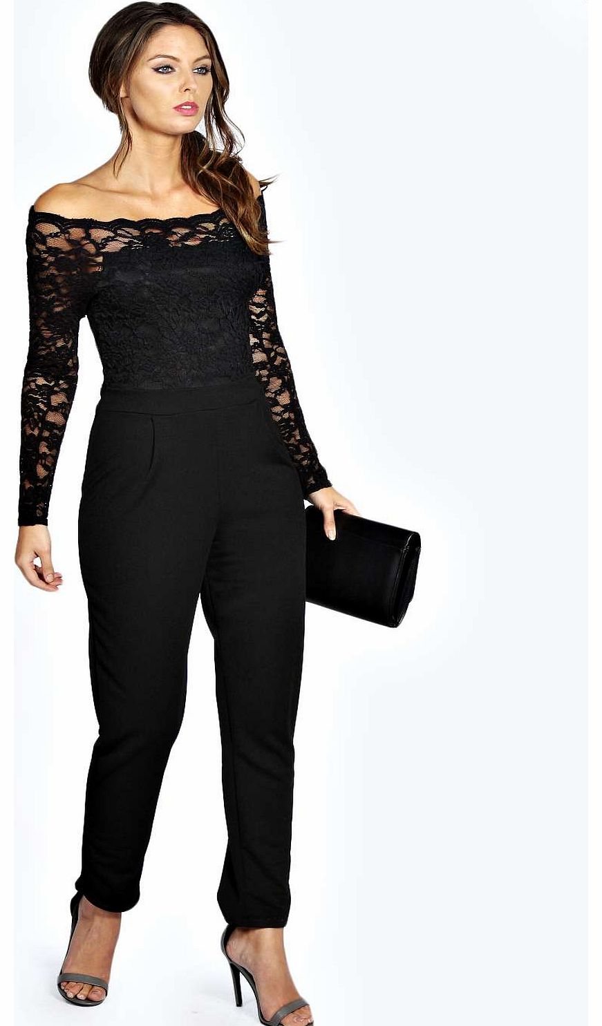 boohoo Emily Scallop Lace Off The Shoulder Jumpsuit -