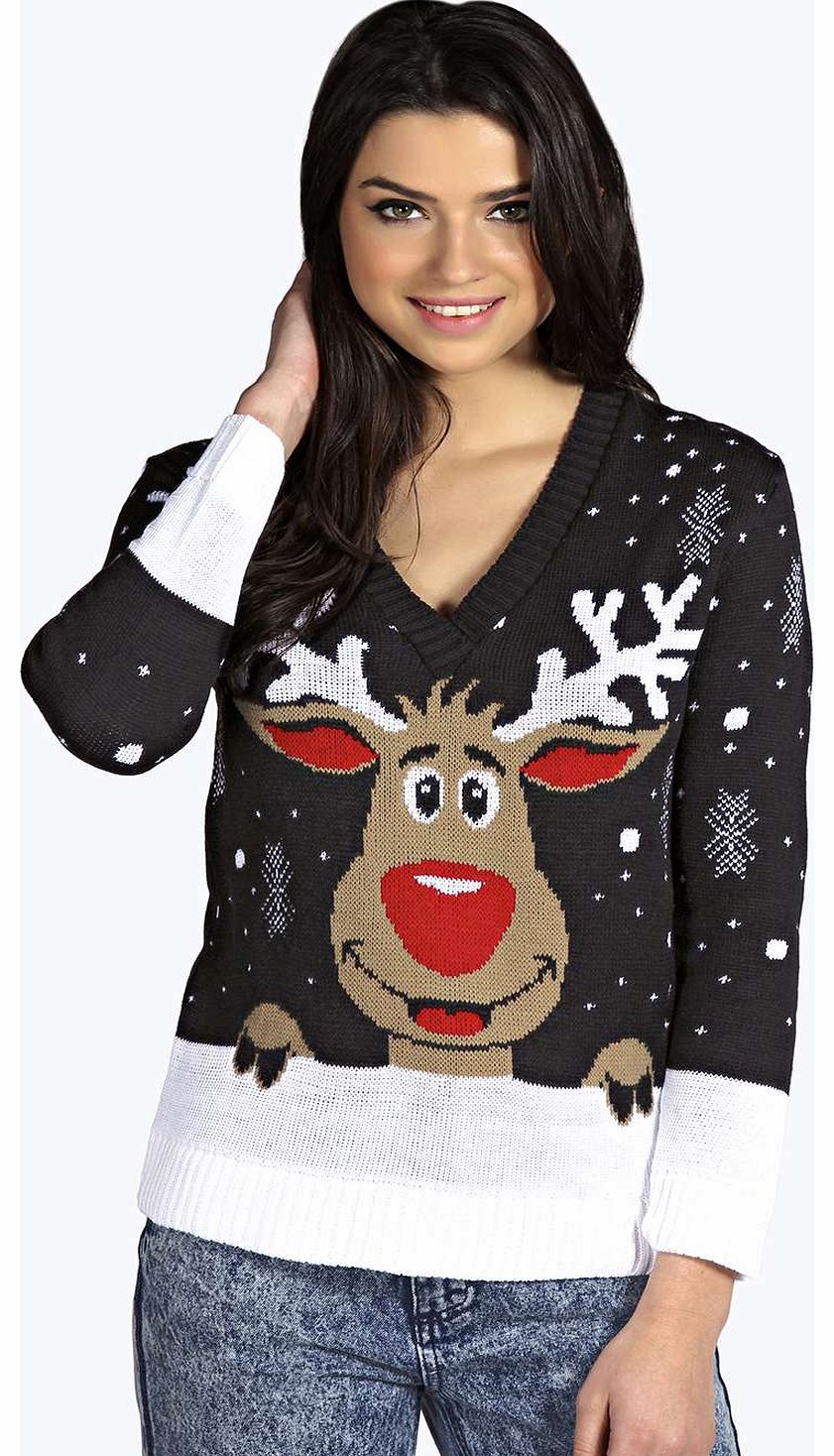 Emily V-Neck Reindeer Christmas Jumper - black