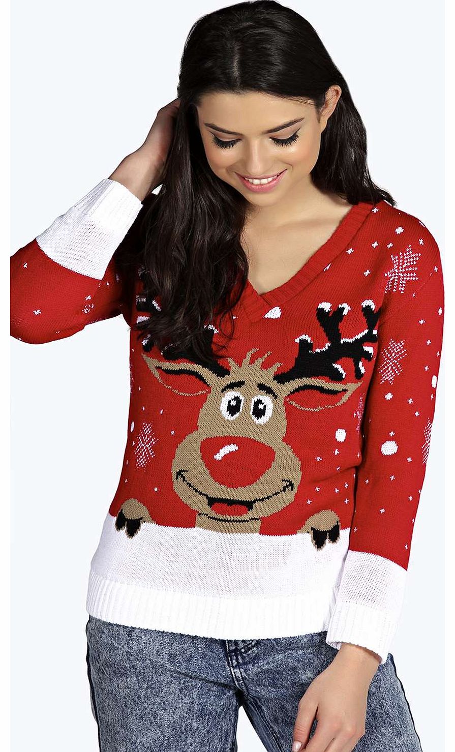 boohoo Emily V-Neck Reindeer Christmas Jumper - red