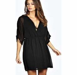 boohoo Emily Wrap Front Chiffon Skater Dress - black