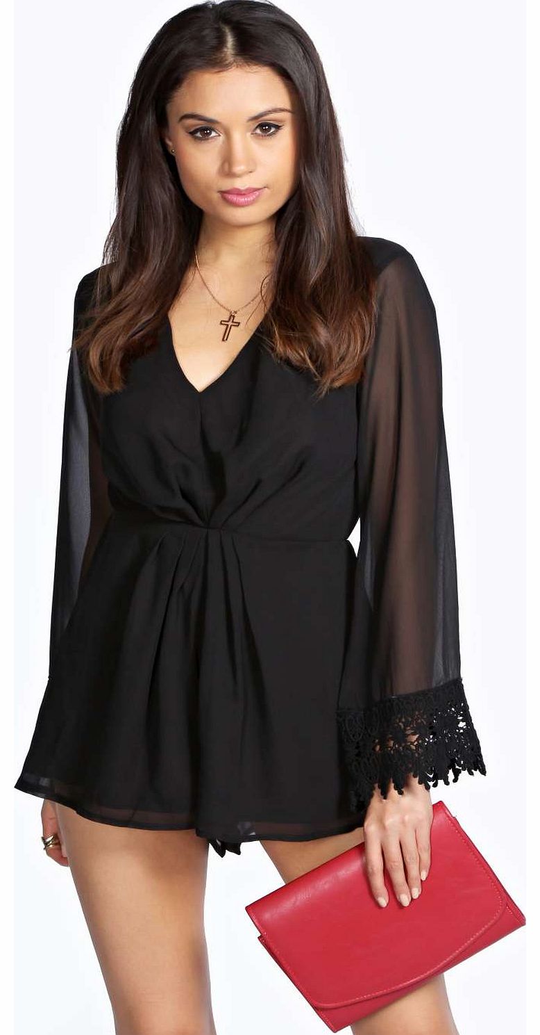 Emma Crochet Sleeve Chiffon Playsuit - black