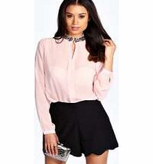 boohoo Emmy Beaded Collar Lace Trim Blouse - blush