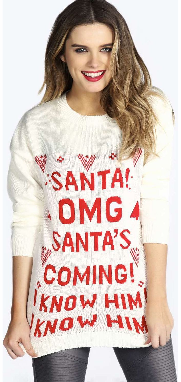 boohoo Emmy Santas Coming Christmas Jumper - cream