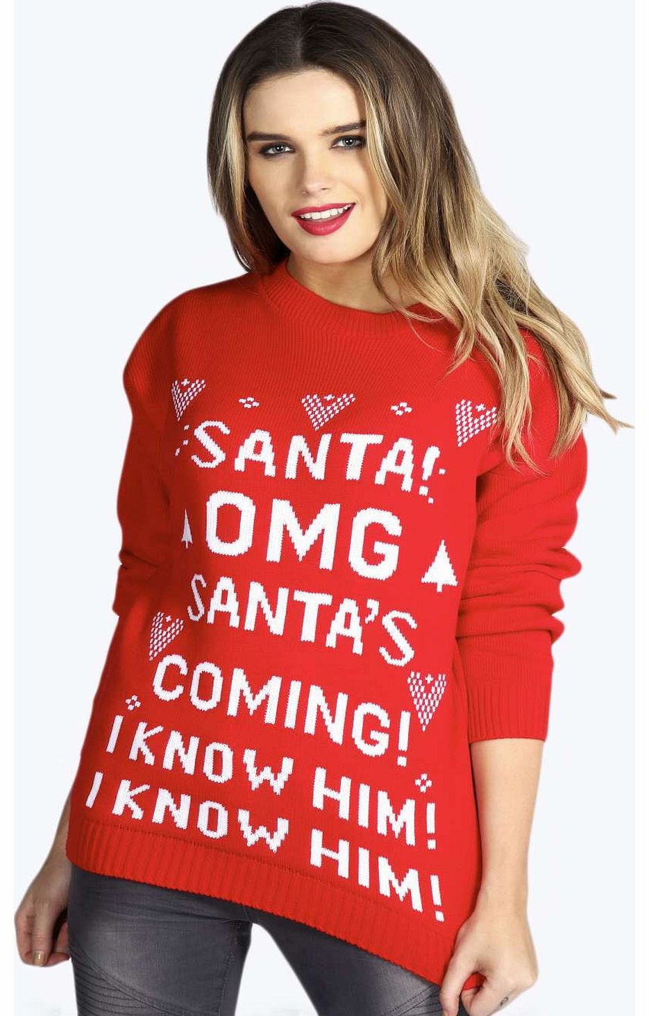 boohoo Emmy Santas Coming Christmas Jumper - red