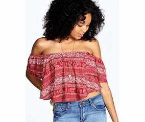 boohoo Erin Frill Bardot Printed Top - red azz22967