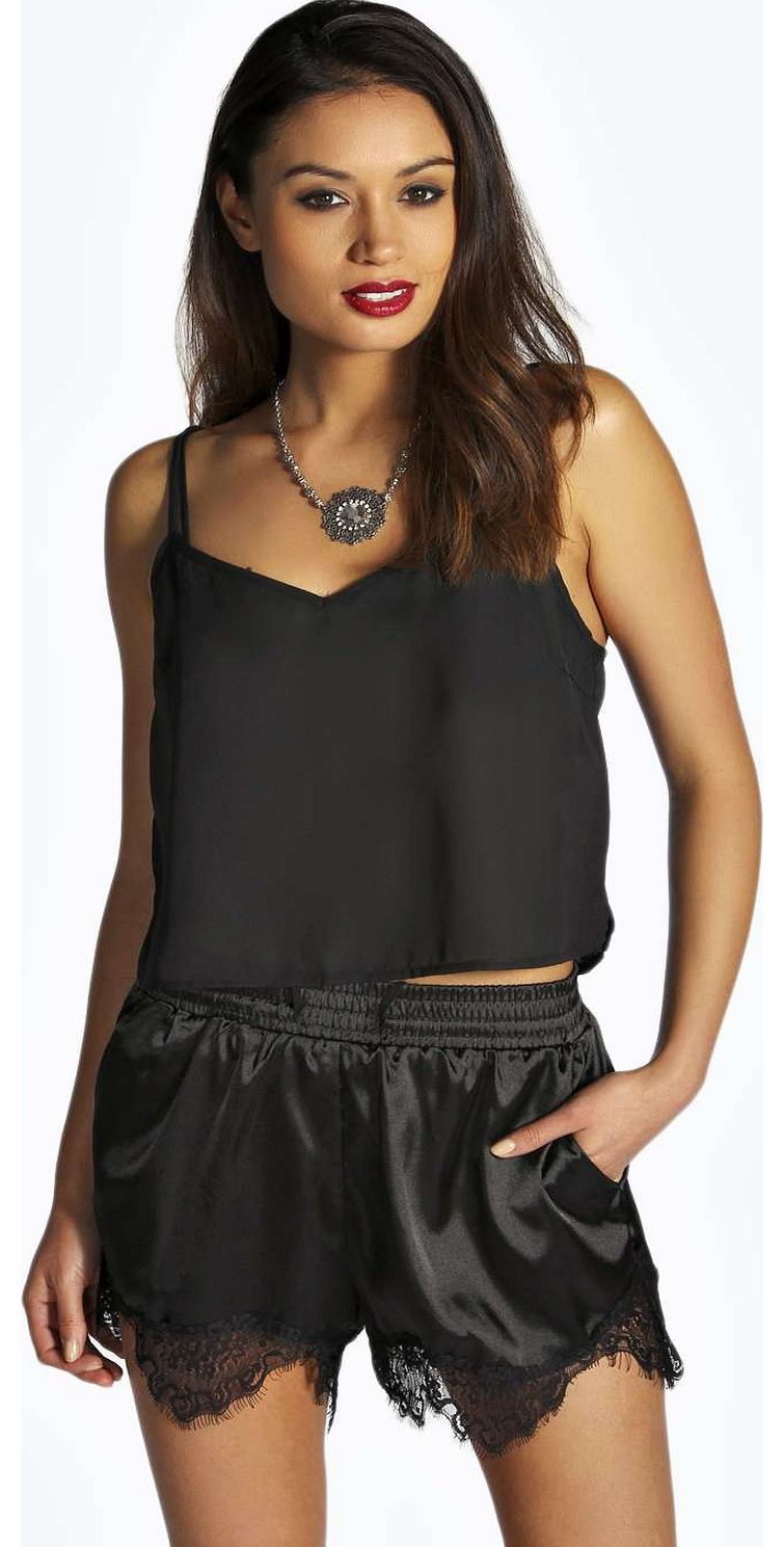 Erin Lace Trim Satin Runner Shorts - black
