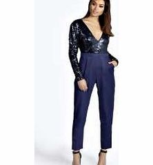 boohoo Esme Sequiin Long Sleeve Plunge Neck Jumpsuit -