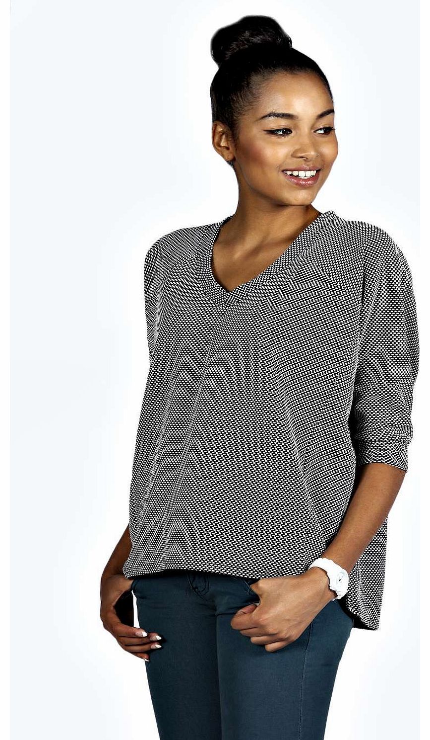 Eva Jacquard Fabric V Neck Oversized Top - grey