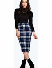 boohoo Eve Checked Brushed Knit Midi Skirt - navy