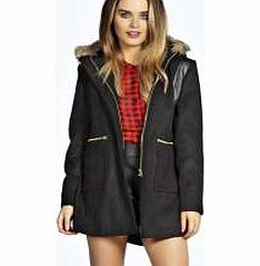 boohoo Eve Faux Fur Trim Hood PU Trim Duffle Coat -