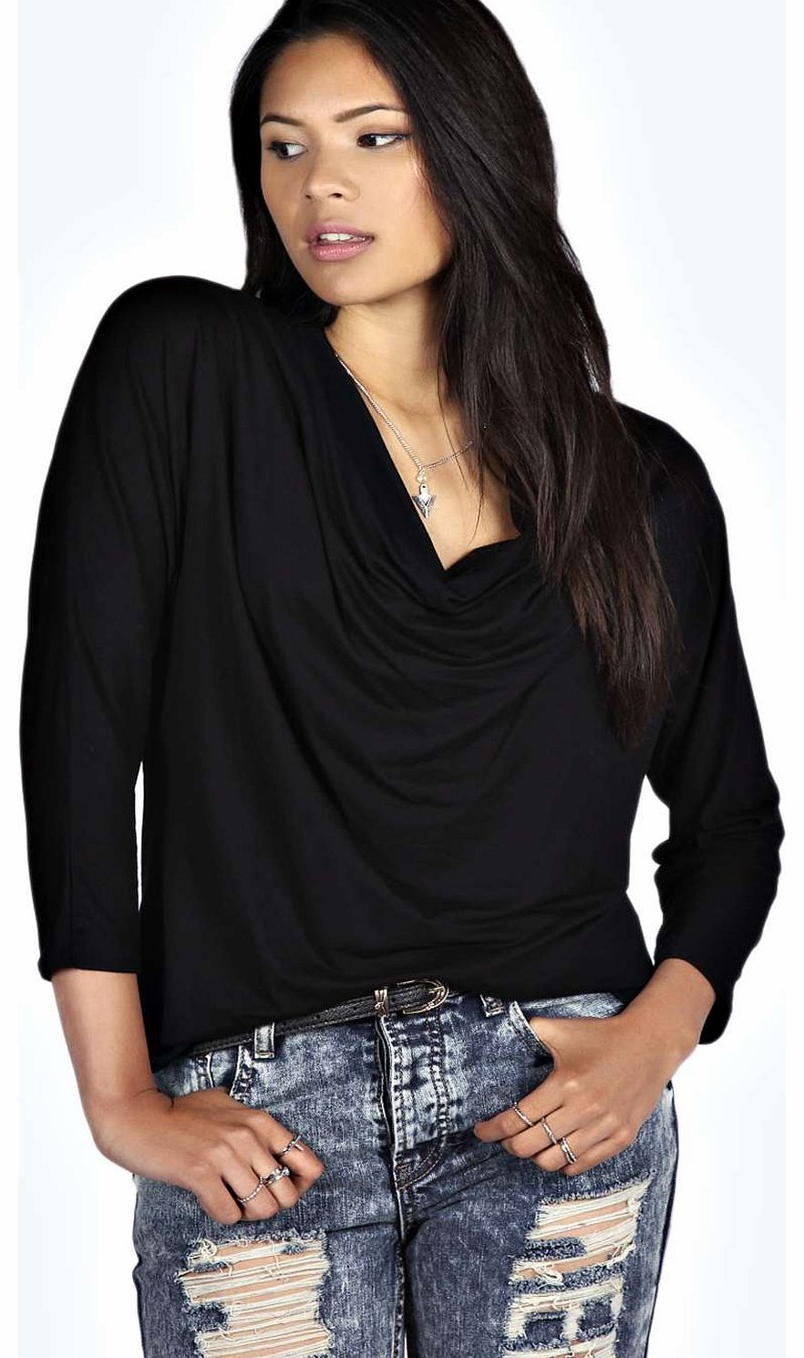 boohoo Evelyn Cowl Neck Long Sleeve Tee - black azz18700